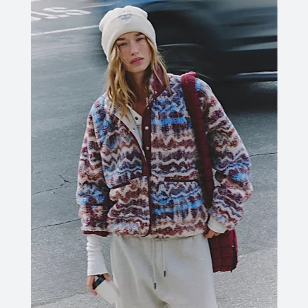 NWT Free People M Fleece Jacket maroon and blue